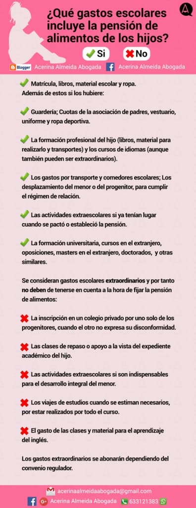¿Qué gastos escolares incluye la pensión de alimentos de los hijos? Infografía que gastos incluye la pensión de alimentos y cuáles no.
